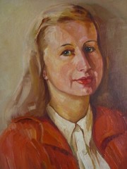 Portrait Lady Blonde Woman in Red Blouse Unreadable Signed Antique 1942