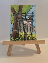 ACEO Original Painting Kid Orange Cat Treehouse Girl Child Backyard Jungle Art