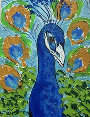 Peacock Selfie Original Textured Modern Expressive Abstract Blues Greens Bird