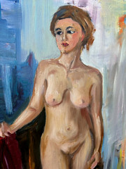 Handmade oil painting girl Ukrainian vintage 1960s Length 27inch Width19