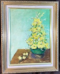 Floral, Oil on Canvas Board,Signed,Vintage, Yellow Flowers