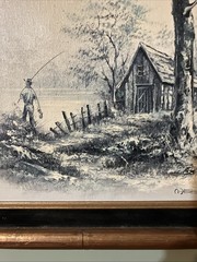 Melton Signed Oil Painting Canvas Country Cottage Forest Lake Water Cabin 20×16