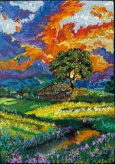 Abstract Landscape Original Art House in the Field Wall Art Oil Pastels Sunset