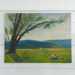 Rural Summer Landscape Oil Painting Impressionism Tree Mountains Farmhouse 9×12
