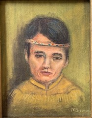 Native American Portrait Painting Pair Children Vintage Boy And Girl By M. Brown
