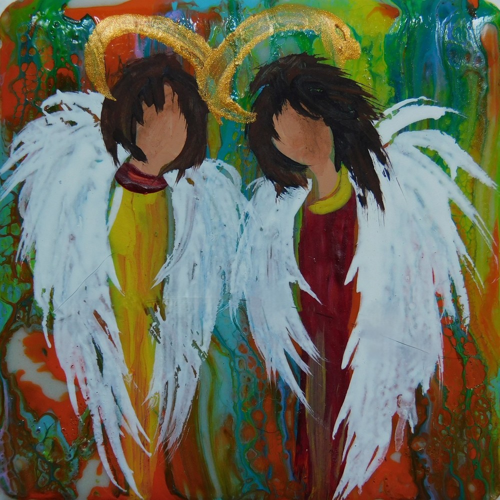 Sister Angels on Ceramic Tile Magnet Pour Paint Art by Rain Crow