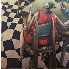Rene Ramos Jester Card Player 39×32 Oil Canvas Original Cuban Art Painting 2000