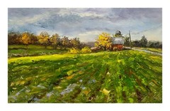 Original oil painting,сountry farmhouse landscape,village oil art,green field