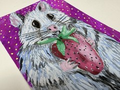 ACEO Original Art Cute Mouse W Strawberry Gouache Painting Whimsy By Liz Durant