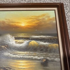 Ocean Waves Sunset Seascape Oil Painting By Jerome Stevens Signed Framed 30”x26”