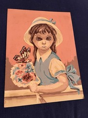 Big Eyes Girl With Flowers Painting On Heavy Cardboard!Just Shy 12” X9”!