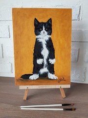 Black and White Cat Painting Cat Green Eyes Oil Artwork 12 by 9 Animal Art