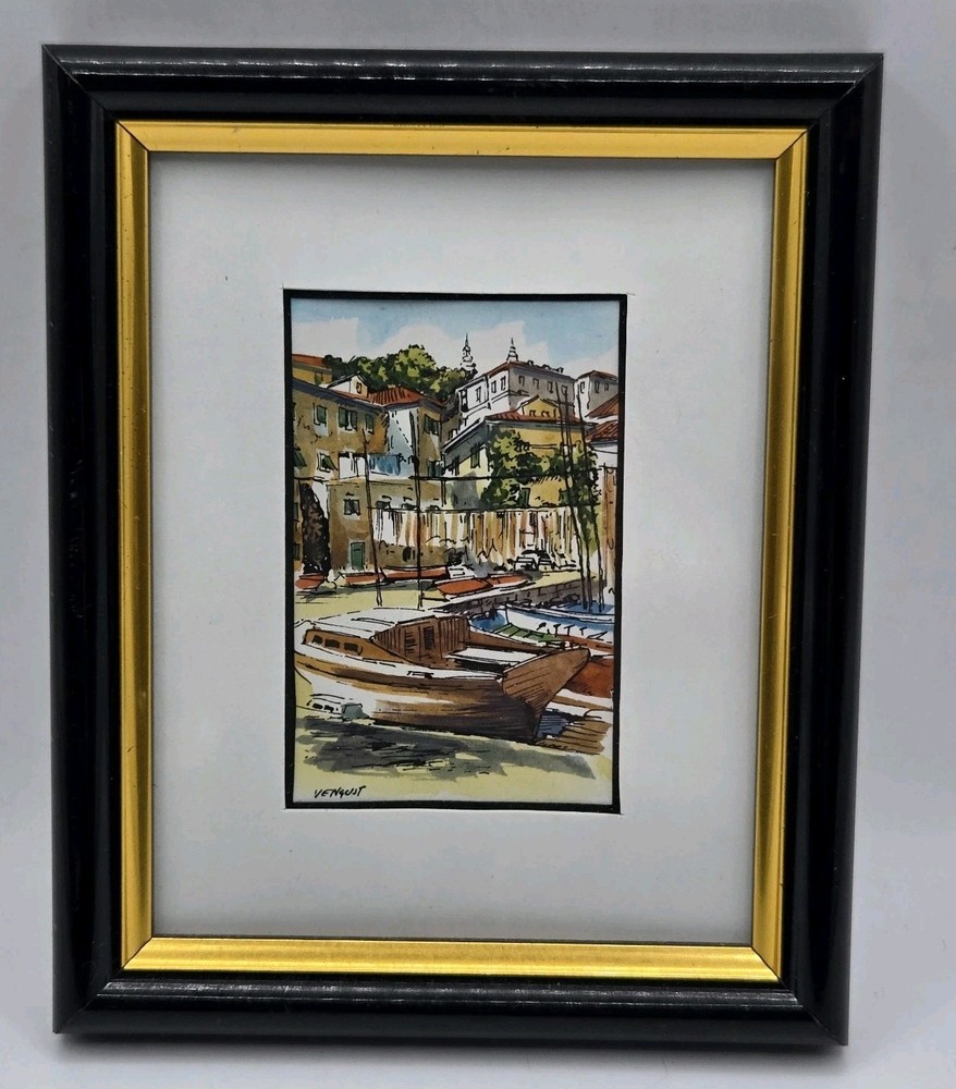 1970s Miniature Framed Watercolor Harbor Scene France • 5″x4″ Signed