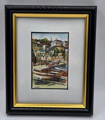 1970s Miniature Framed Watercolor Harbor Scene France • 5″x4″ Signed