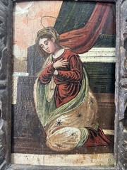Spanish Colonial Old Master Annunciation Virgin Oil on Board, Framed Painting