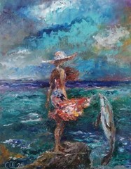 Painting „Girl and Dolphin“. Oil on cardboard. 8×10 inc. Handmade. 2025.