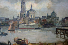 Antique Vintage Oil Painting – Old European Seaport Cityscape