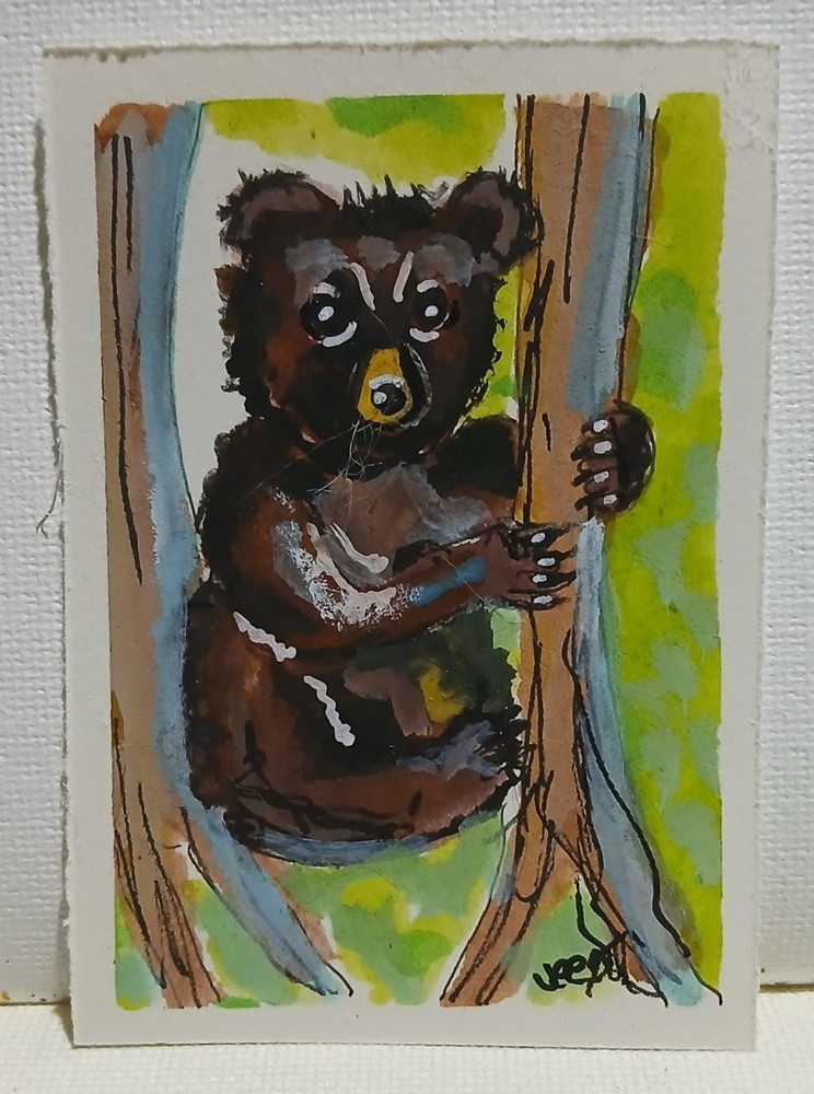 Brown Bear Cub ACEO — OOAK Watercolor Scribble Art Hugging a Tree