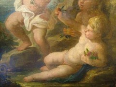 ATTR FRANCOIS BOUCHER „ANGEL PUTTI“ ANTIQ OIL ON CANVAS INVENT STAMPED ON BACK.