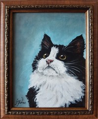 Black and White Cat Painting Cat Green Eyes Oil Artwork Framed 7 x 9 Animal Art