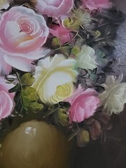 Oil Painting Pink And White Roses Green Vase Gold Frame SIGNED. 24 X 25