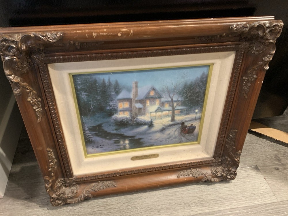 Thomas Kincade Signed #/1960 Hand Highlighted on Canvas MOONLIGHT SLEIGH RIDE