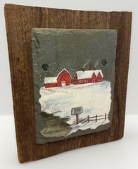 VTG Art Painting Red Barn Wood Slate Farmhouse Cottage Lodge Rustic OOAK USA
