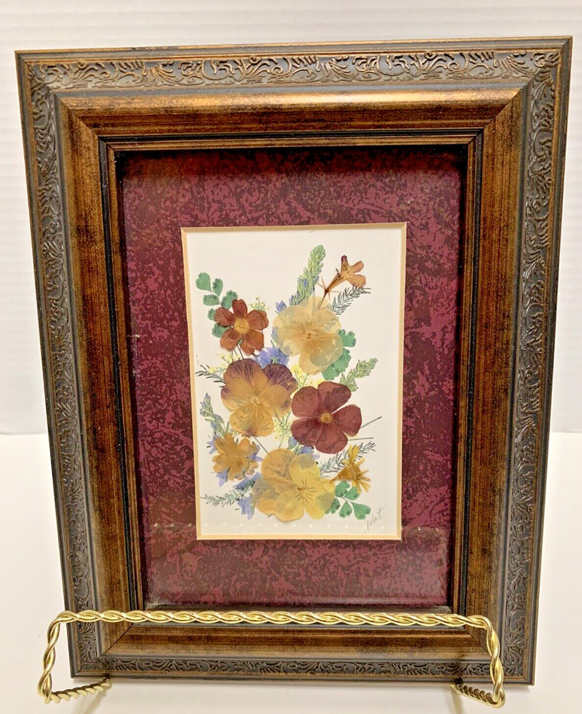 Bronze Framed & Maroon Matted Pressed Flowers 9.25 x 7.25” Signed CottageCore