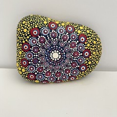 Dot Mandala Hand Painted Art Stone Yellow/Red/Navy Blue One Of A Kind 6 Inches