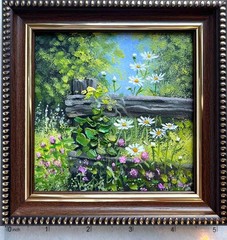 Summer Original Oil Painting Village Landscape Meadow Flowers Wall Art 4 x 4 in