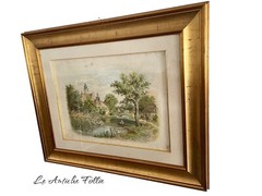 Antique Watercolor Landscape – Bucolic View with Farmhouse and Lake – Framed