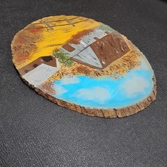 Vintage J. Smith 1988 Hand-Painted 14″ Oval Wood Log Slice Barn Farm Scene