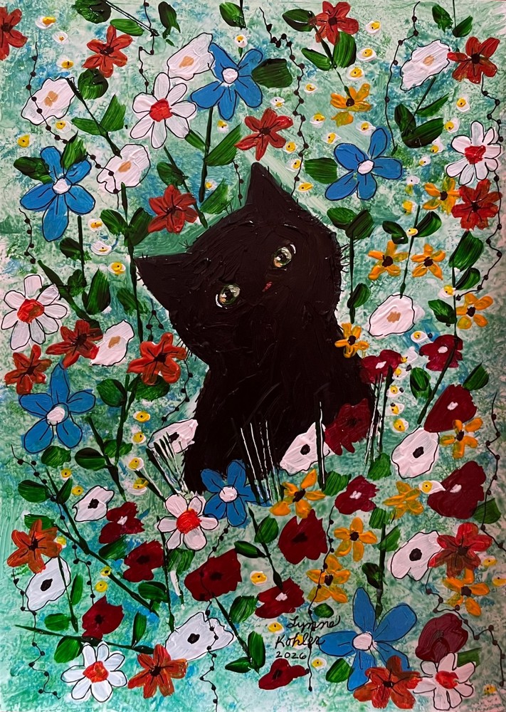 Original Painting 5×7″ black Cat Flowers blue red by Lynne Kohler