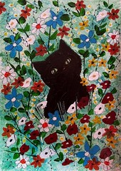 Original Painting 5×7″ black Cat Flowers blue red by Lynne Kohler
