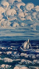 Framed Mini Seascape White Sailboat Minimalist Sea Art 4×6 Oil Painting Original