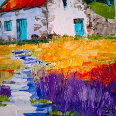 Oil landscape „Irish Cottage“ Oil Painting: Colorful Flower Field Original 6×6