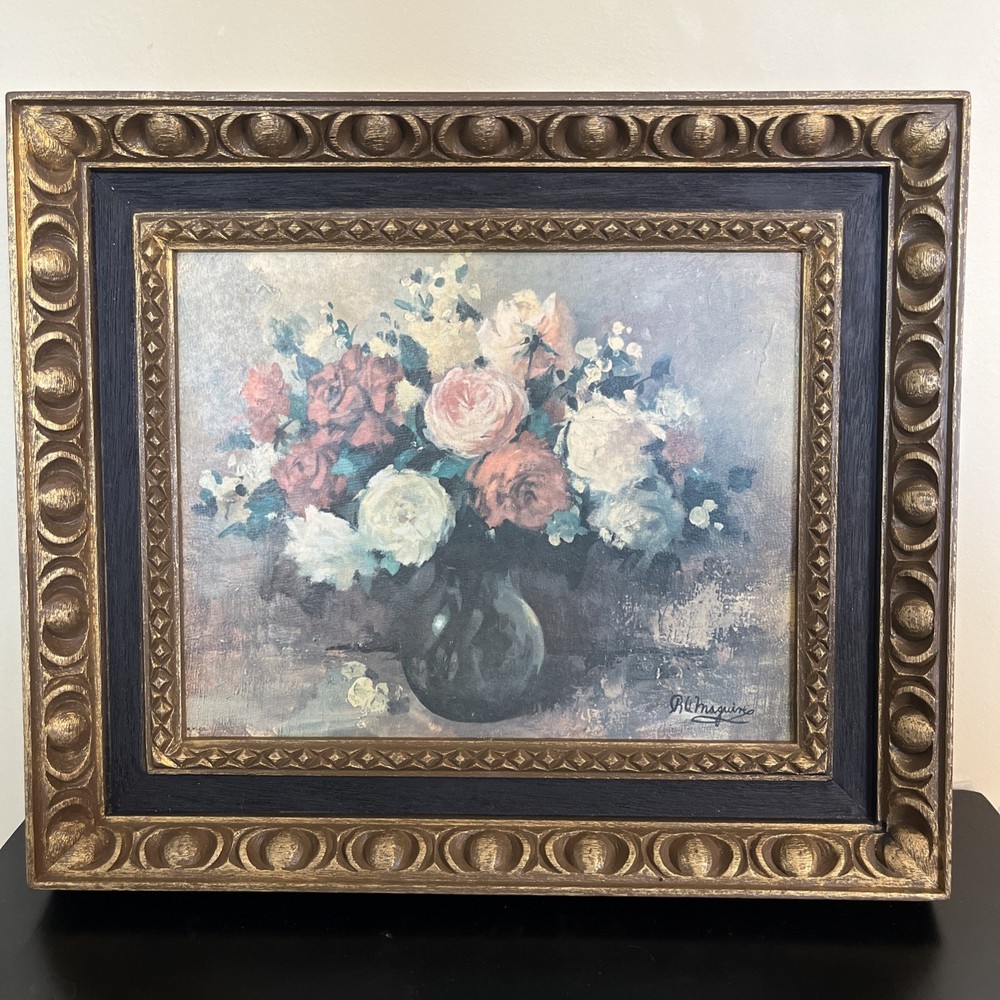 8×10 Art Oil Painting Floral Bouquet Signed Gold Ornate Plastic Frame 11.5×13.5”