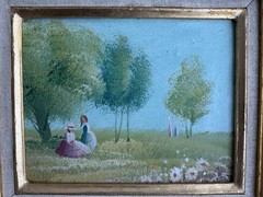VTG Framed Oil Painting Lady by Flower Garden Scene Ornate Gold Gilt Frame 14″