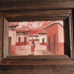 Signed Original Oil Painting Mexican Street Scene Rustic Wood Frame mcm