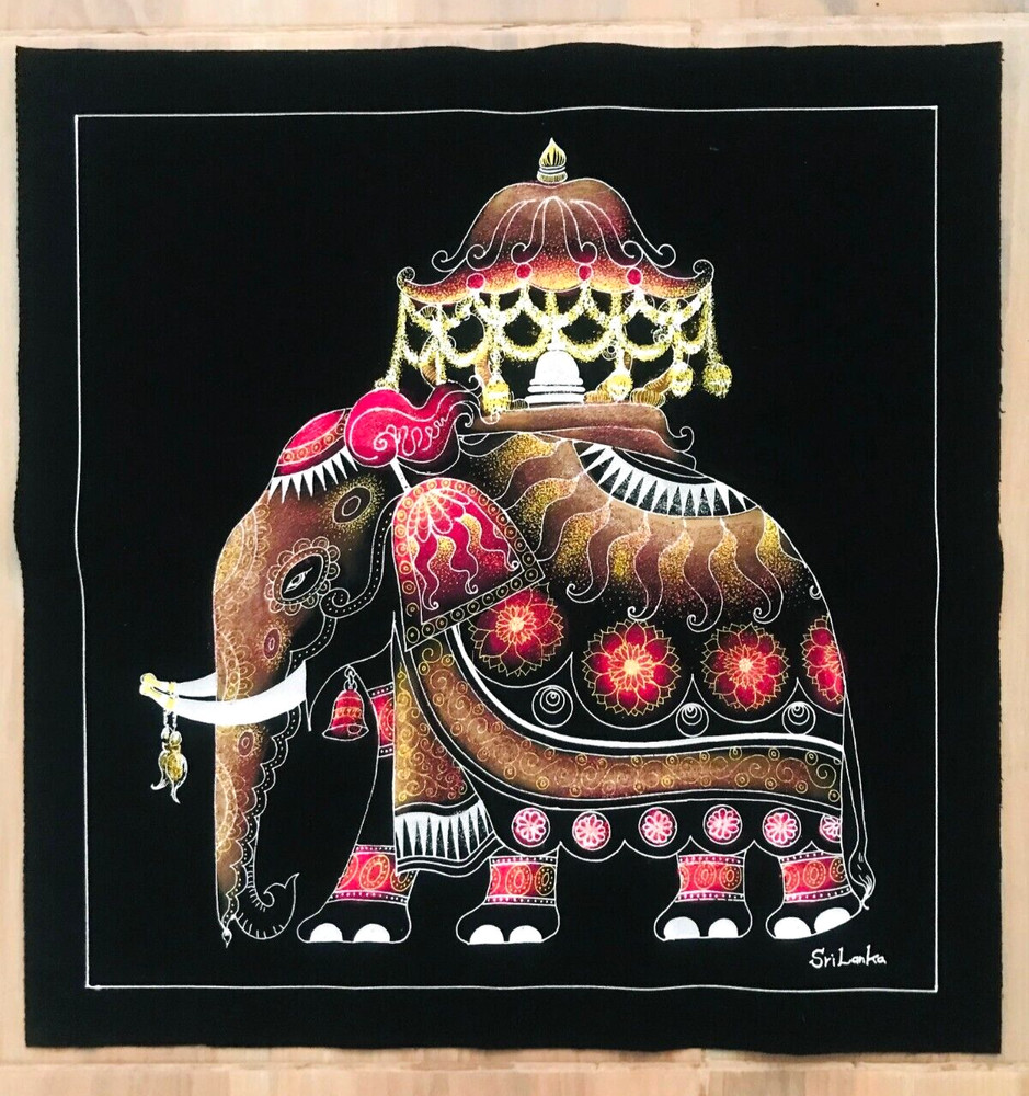 Modern hand-painted on Black velvet Original Art fabric, Sri Lanka Elephant
