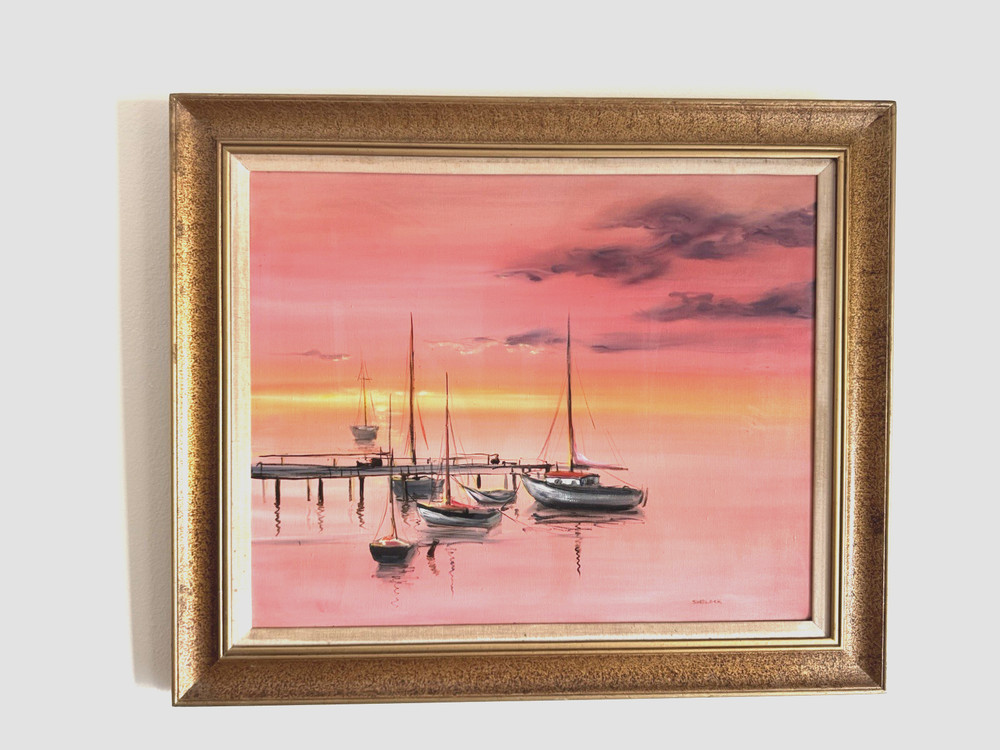 Vintage Original Oil Painting Sailboats at Sunset Marina Seascape Framed