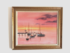 Vintage Original Oil Painting Sailboats at Sunset Marina Seascape Framed