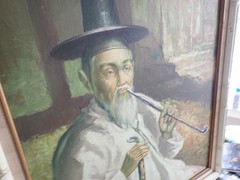 Mid Century Bakjo Kim South Korea Artist Oil on Canvas Painting Elder Man Woman
