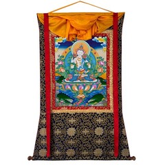 Silk Brocade Vajrasattva Thangka, Blessed Thanka, Painting on Cotton Canvas