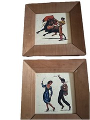 Two VTG 1950s Paintings Bull Fight w Matador & Dancing Couple Framed 9.25″ Sq