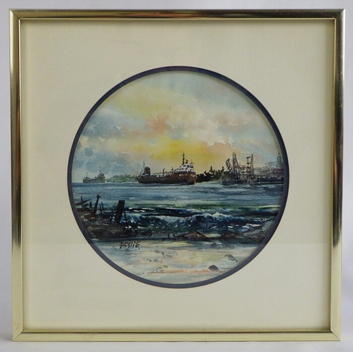 Original Water Color Painting of Ships in a Harbor 10” by 10” ~ Signed Leslie
