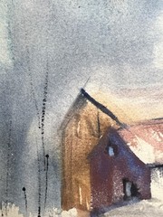 Snowy Village Landscape–Charlotte Hoffman–Medium Size Watercolor-Mid 20th NY Art