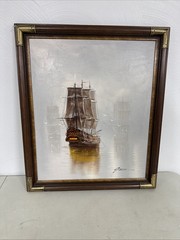 Vintage Garcia Nautical Oil Painting Clipper Ghost Ship Seascape Canvas 28×24