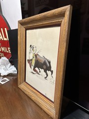 VTG MCM SIGNED ORIGINAL MATADOR BULL FIGHTING PAINTING by ARTIST CALINDOR MEXICO