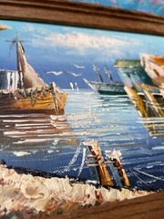 Vintage Plein Air Seascape Nautical Sailboats Harbor Scenery Oil Painting Signed